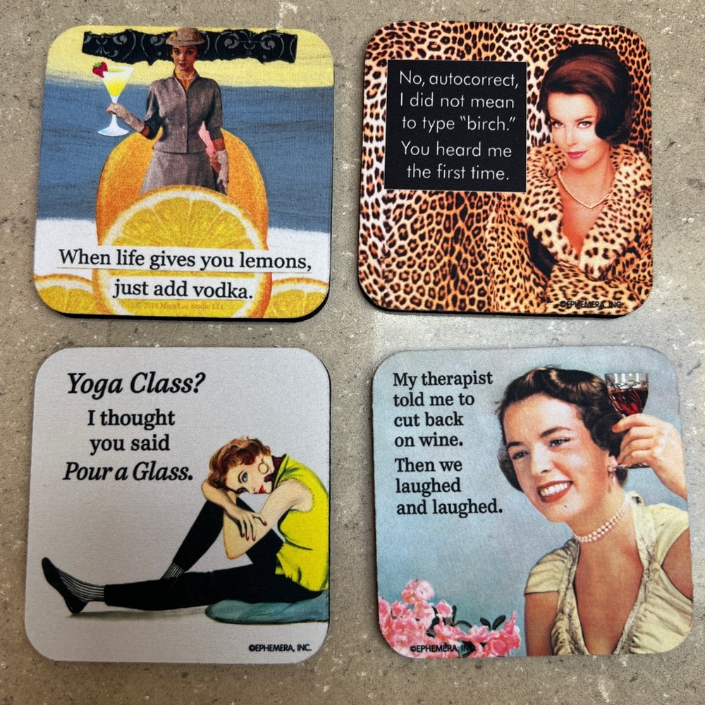 NWT Set of 4 Coasters w hysterical sayings! Made for neoprene (wetsuit material)